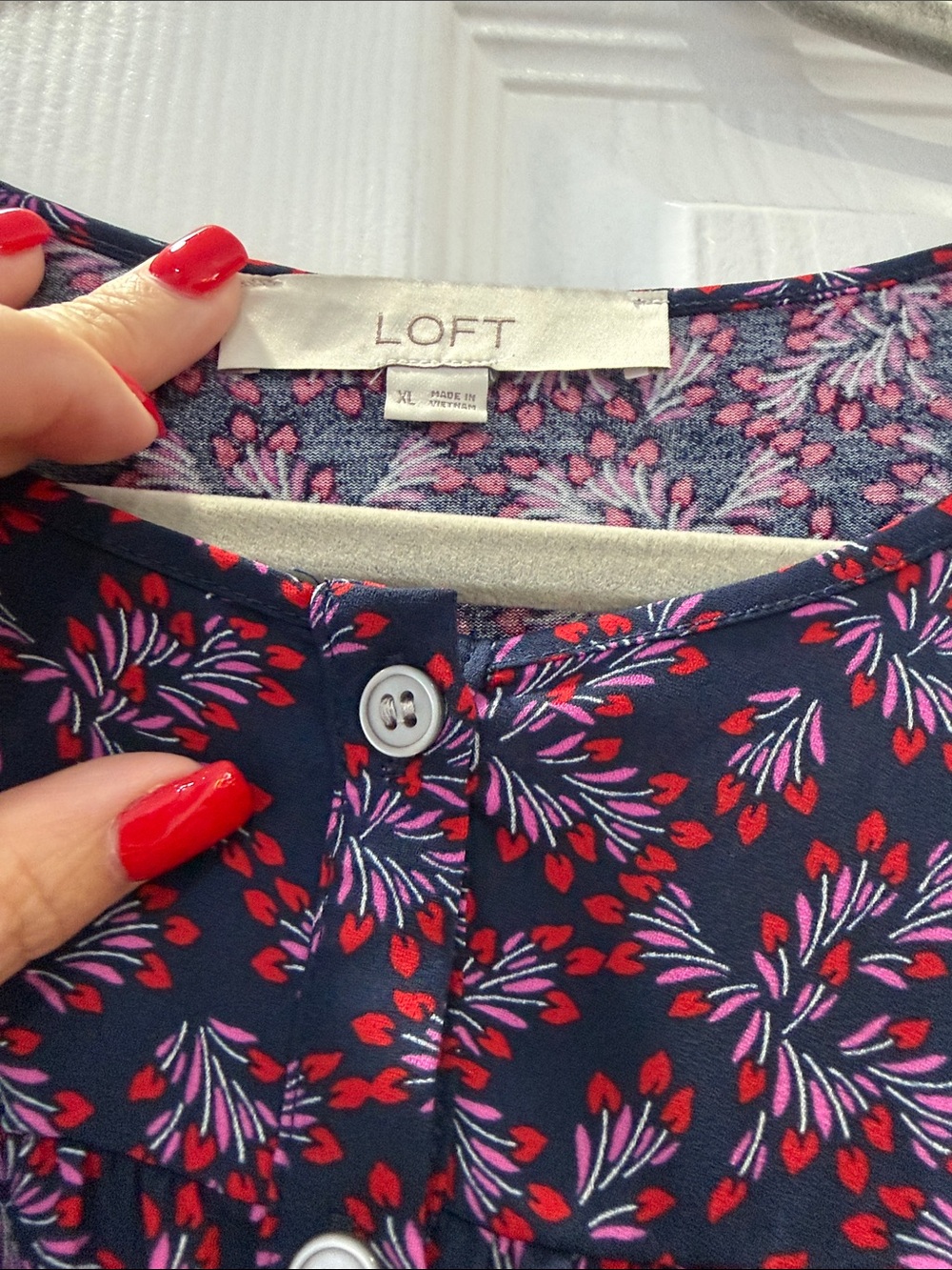 LOFT Navy Floral Ruffle Sleeve Button Front Blouse - Picture 2 of 3